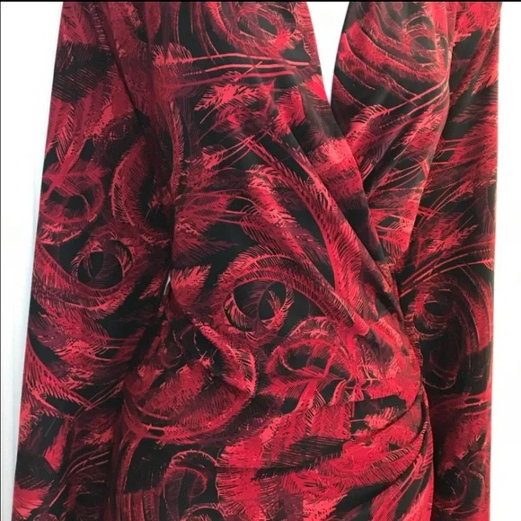 Norma Kamali red & black feather print faux wrap ls jersey dress size L in EUC - Picture 6 of 15